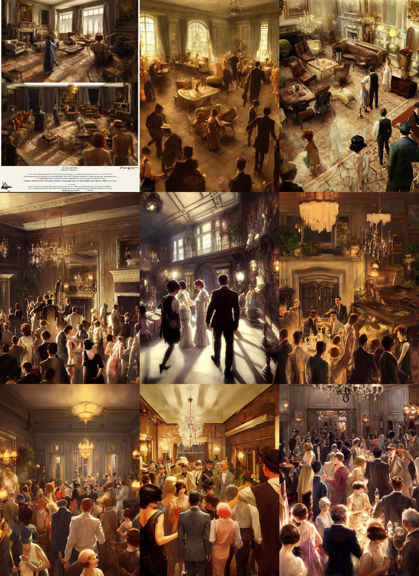 Prompt: craig mullins and ghibli and james gurney detailed realist painting of a 1 9 2 0 s grand party in a beautiful mansion, many partygoers, strong contrast, unreal engine, hyper realism, realistic shading, cinematic composition, realistic render, octane render, detailed textures, photorealistic, close shot, 3 5 mm film