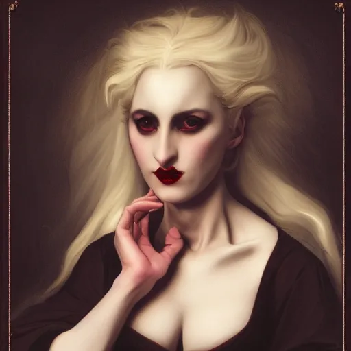 Image similar to Demonic beautiful vampire white-haired young woman mistress of death mourning widow vintage gown with a faint smile dark lipstick macro golden iris wearing dark clouds fog smoke and fire as clothes, colourful trending artstation, detailed portrait academic caravaggio Bouguereau, sharp focus medium shot