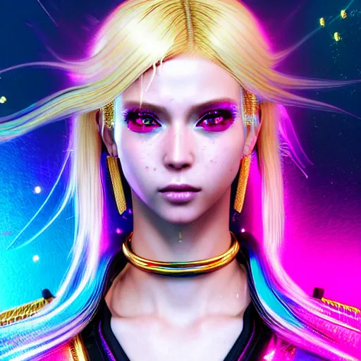 Image similar to hyperdetailed portrait of a stunningly beautiful cyberpunk cutie european girl with blonde hair guard made of iridescent metals and shiny pink gems, bright rainbow nimbus, gold necklace, gold background inspired by ross tran and masamune shirow and kuvshinov, intricate, photorealistic, octane render, rtx, hdr, unreal engine, dnd digital art by artgerm