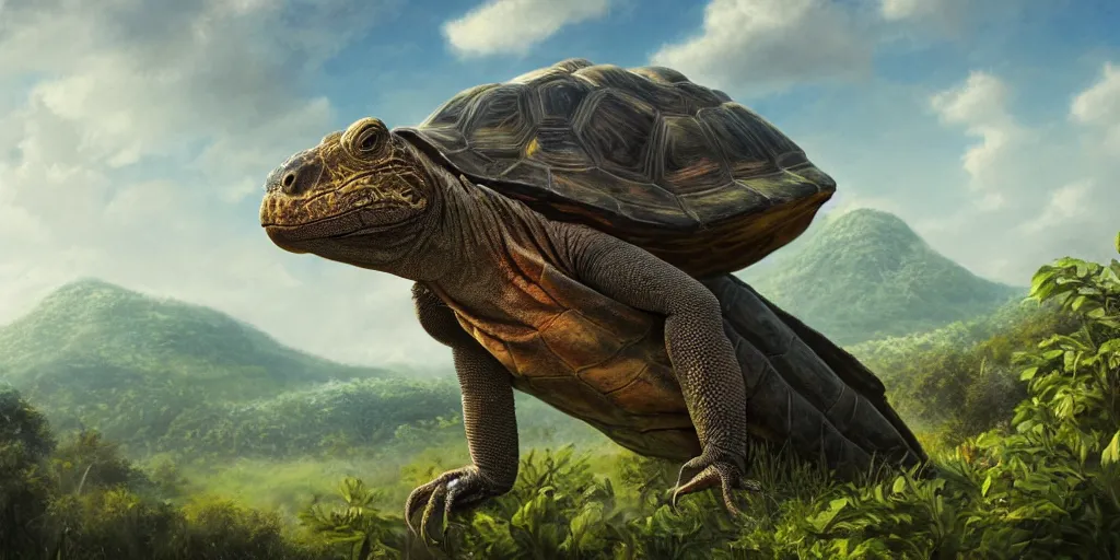 Prompt: a highly detailed matte painting of a new animal, gigantic tortoise with a head like a parrot and neck like an iguana, background sunny mountain orchard, trending on artstation,