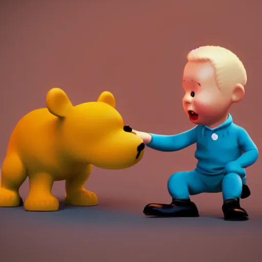 Image similar to tin tin and snowy by herge, depicted as a pixar character, high quality cg render, 4 k