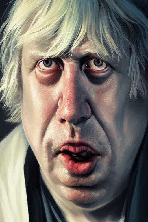 Image similar to Boris Johnson as Rick Sanchez, one single eyebrow, white robe, big eyes, portrait, symmetrical, highly detailed, digital painting, artstation, concept art, smooth, sharp focus, illustration, cinematic lighting, art by artgerm and greg rutkowski and alphonse mucha