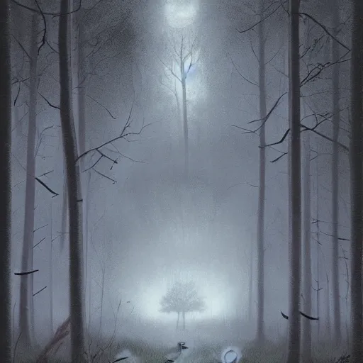 Image similar to an eevee pokemon as a cryptid in a dark ominous forest, foggy, dim lighting, artwork by andrew ferez