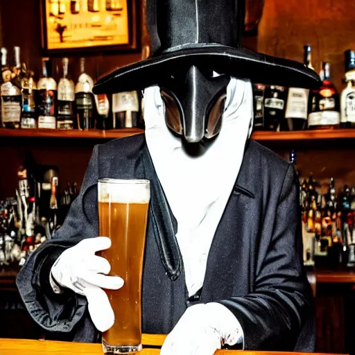 Prompt: plague doctor sitting at a bar with his drink empty, award winning photograph