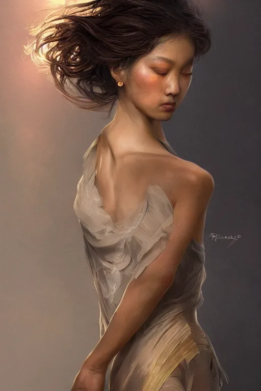 Image similar to stunningly beautiful, filipina prima ballerina in ruins, symmetrical face, golden hour, smooth, focus, highly detailed, hyper realistic, dramatic lighting, elegant, intricate, concept art, art by wlop, mars ravelo, greg rutowski, artstation