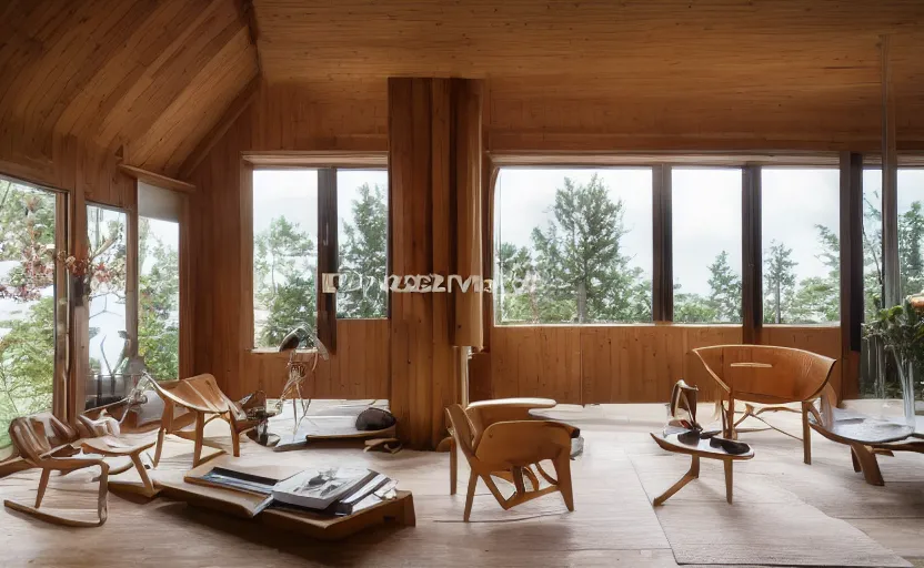 Image similar to luxurious wooden cottage by alvar aalto, modern native amarican living room, japanese flower arrangements, architecture photography