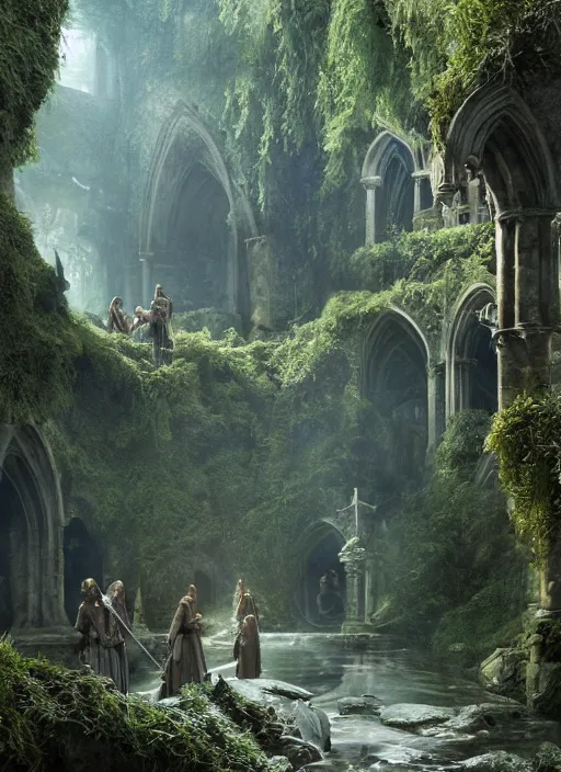 Image similar to medieval adventurers in lord of the rings scenery landscape, inside an enormous overgrown cathedral, stream, treasure, reflections, portal to another dimension, highly detailed, cinematic lighting, perfect composition, 4 k, gustave dore, derek zabrocki, greg rutkowski, belsinski, octane render