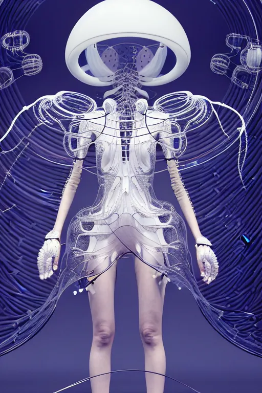 Image similar to background space station, baroque inflateble dress iris van herpen positing on floor, white helmet on face, perfect symmetrical, full body shot, inflateble shapes, wires, tubes, veins, jellyfish, white biomechanical details, wearing epic bionic implants, masterpiece, intricate, biopunk, vogue, highly detailed, artstation, concept art