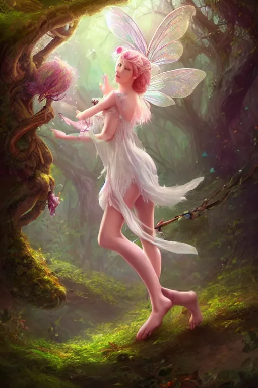 Image similar to a cute fairy in the dreamy forest, fantasy, 8 k resolution, hyper detailed, d & d, character design, digital painting, trending on artstation, sharp focus, illustration, art by artgerm, steve zheng, fuji choko, viktoria gavrilenko, hoang lap