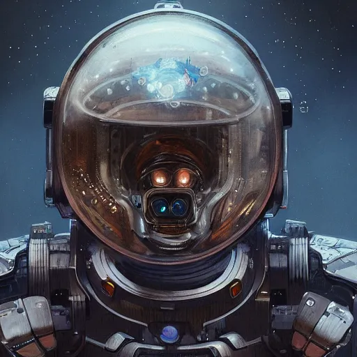 Image similar to detailed science - fiction character portrait of a grizzly bear space robot suit, intricate, wild, highly detailed, digital painting, artstation, concept art, smooth, sharp focus, illustration, art by artgerm and greg rutkowski and alphonse mucha