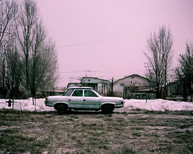 Image similar to a lomographic photo of old lada 2 1 0 7 standing in typical soviet yard in small town, hrushevka on background, cinestill, bokeh