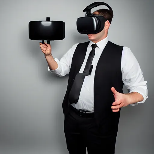 Image similar to clean - shaven chubby white man wearing white dress shirt, necktie, and black dress pants wearing a vr headset. he look mesmerized. iq 4, f / 1. 4, iso 2 0 0, 1 / 1 6 0 s, 8 k, raw, dramatic lighting, symmetrical balance, in - frame