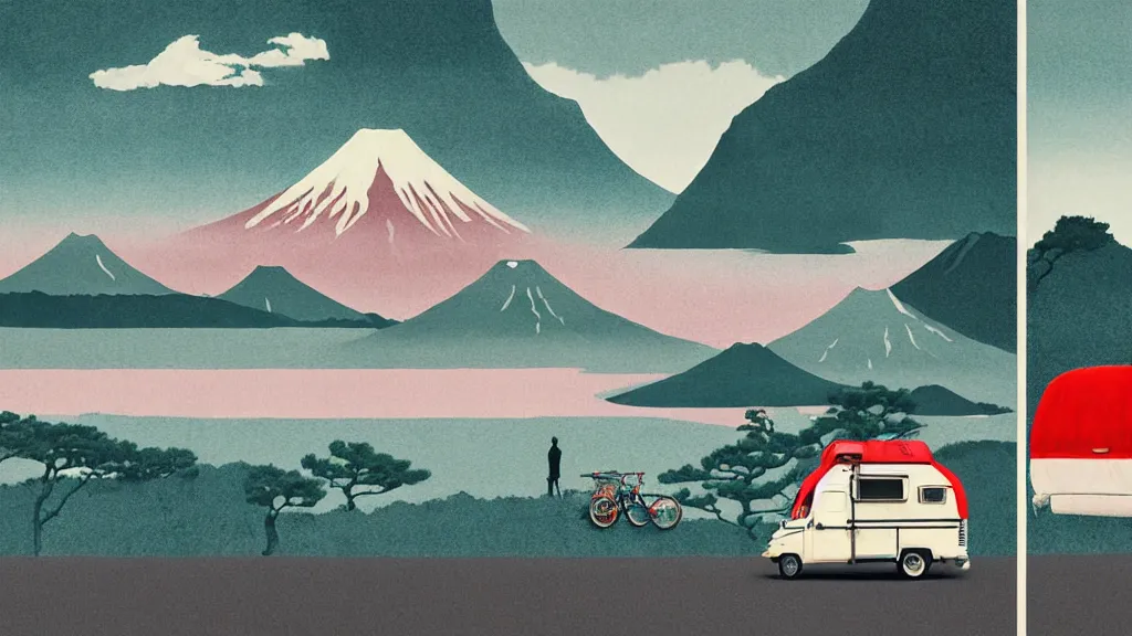 Prompt: japan various natural splendor and rural camper touring, a representational non - abstract collage painting, in the style of wes anderson, lola dupre, david hockney, isolated on negative space background bright monochrome spraypaint accents volumetric octane render