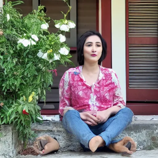 Image similar to sumeyye aydogan, duy beni serial, sitting on the porch holding a flower, in front of the house