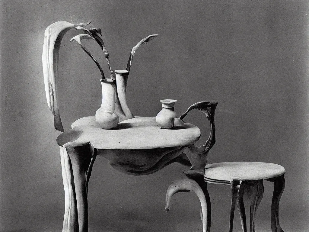 Image similar to renaissance marble chair with vase, pot, jug. karl blossfeldt, salvador dali
