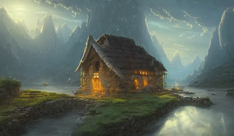 Prompt: A serene landscape with a singular building in the style of Jordan Grimmer and Justin Gerard and Christophe Vacher.