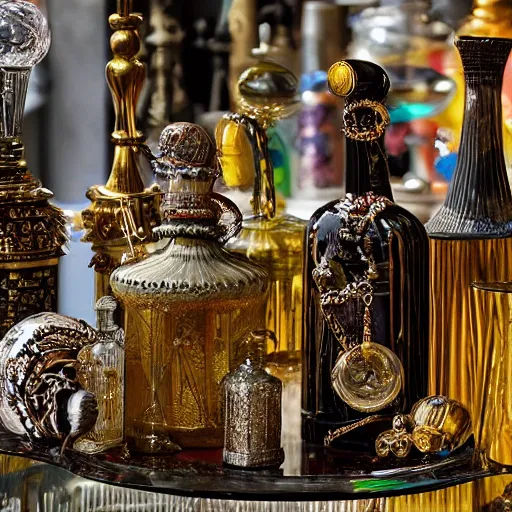 Prompt: A hand reaches for an ornate blown glass striped bottle spewing smoke, surrounded by piles of sparkling treasure, ornate, jewels, Byzantine