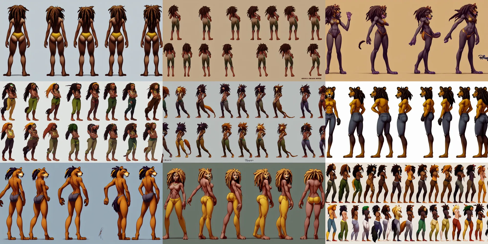 Prompt: beautiful full body character reference sheet with front, back and side profiles of a strong female anthropomorphic lioness fursona wearing rastafarian clothes. character design by disney, anime, manga, charlie bowater, ross tran, artgerm, and makoto shinkai, detailed, soft lighting, rendered in octane