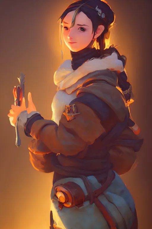 Image similar to a portrait of a cute female medieval peasant, rustic setting, overwatch art team, action pose, vivid colors, soft lighting, atmospheric, cinematic, moody, splash art in the style of ilya kuvshinov and range murata, oil on canvas, 8 k