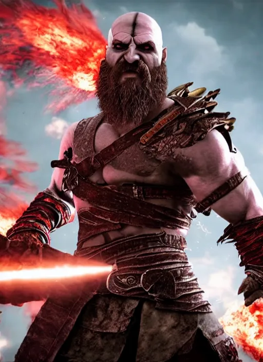 Image similar to red facial stripe armored screaming kratos rocking hard on a flaming stratocaster guitar, cinematic render, god of war 2 0 1 8, playstation studios official media, lightning, flames, clear, coherent, guitar