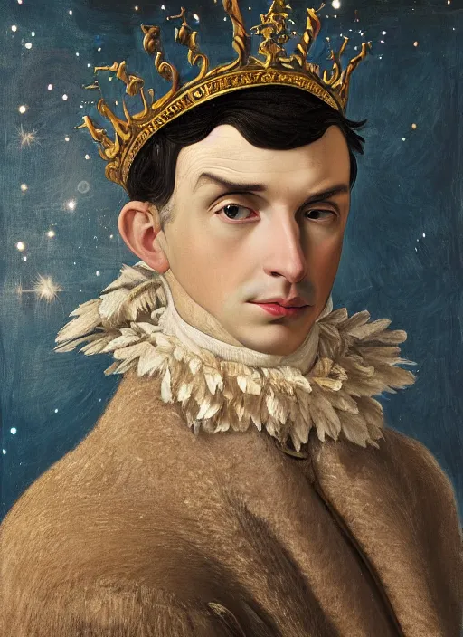 Image similar to close-up portrait of anthropomorphic Prince with a head of barn owl, in a crown, bokeh, blurred space, stars, dreamy, romantic, painting in the museum, highly detailed, sharp focus, digital painting, artwork, by John James Audubon by Victor Adame Minguez by Yuumei by Tom Lovell by Sandro Botticelli