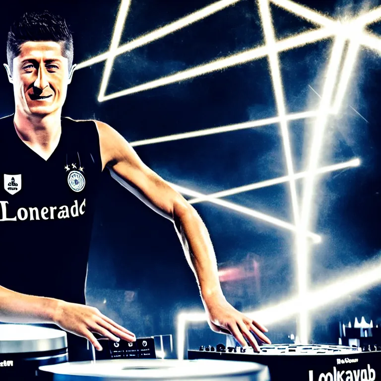 Image similar to robert lewandowski as a dj play in toilet board, photorealiscic face, golden skin, dark backgroud, lasers