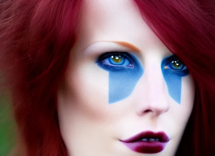 Image similar to award winning 8 5 mm close up face portrait photo of a redhead with maroon colored hair and perfect symmetrical blue human eyes in a park by luis royo.