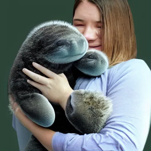 Image similar to incredibly fantastically stupendously fluffy tiny pygmy baby manatee being cradled by a person, realistic, fantasy, pet, adorable, national geographic