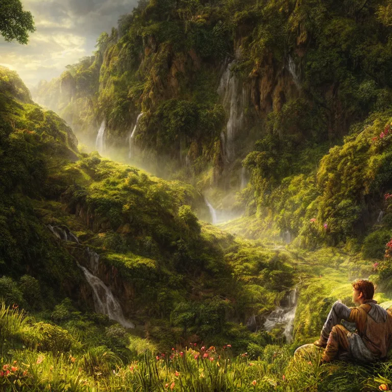 Prompt: a young man sitting and looking out at a lord of the rings scenery landscape, vast lush valley flowers, stream, sunrise, god's rays highly detailed, vivid colour, soft clouds, floral sunset, cinematic lighting, perfect composition, 8 k, gustave dore, derek zabrocki, greg rutkowski, belsinski, octane render