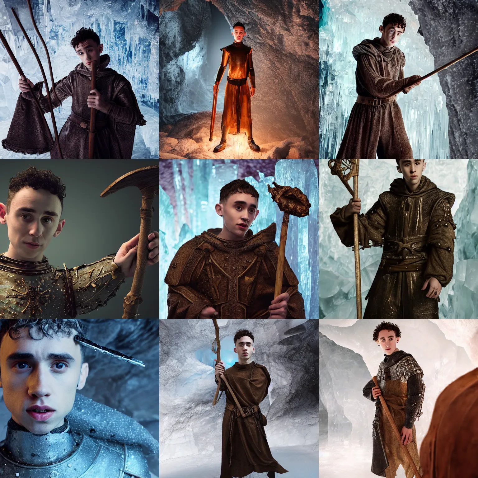 Prompt: Olly Alexander wearing medieval tunic, holding a thick magical wooden staff with electrical bolts emitting from it. In a cave made of ice. Trending on Artstation, octane render, ultra detailed, art by Ross tran