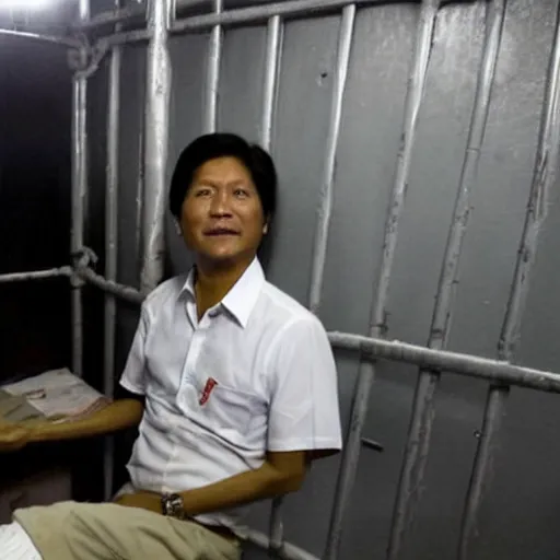 Image similar to Bongbong Marcos inside a jail cell, crying and terrified