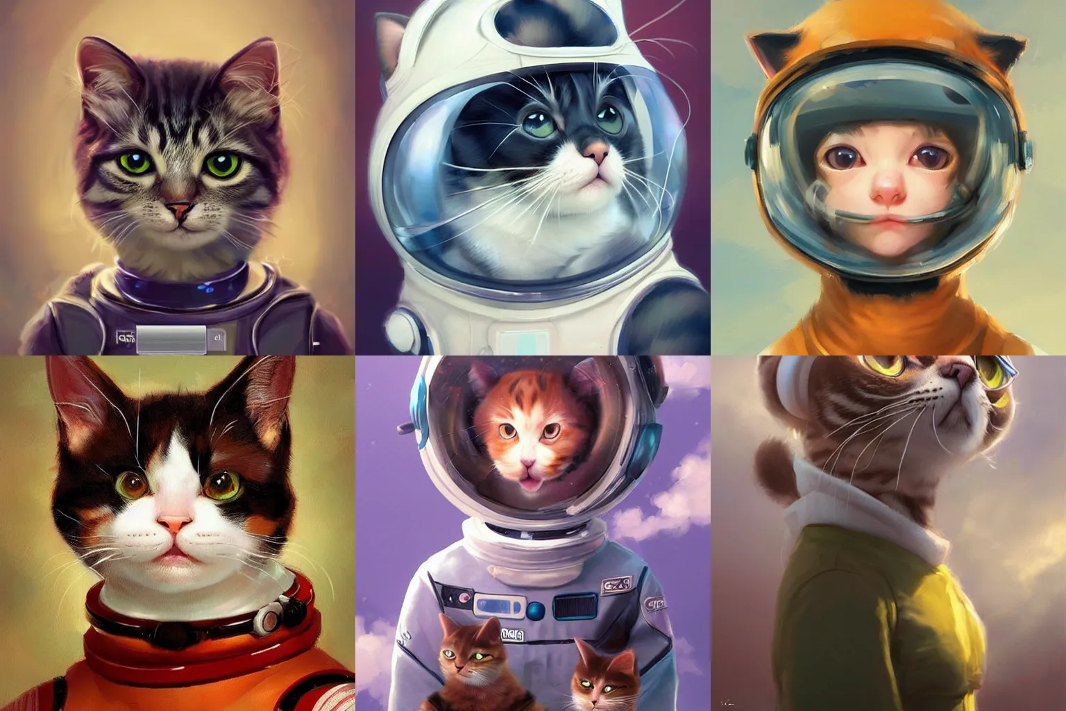 Image similar to head and shoulders masterpiece portrait of a cute adorable cat wearing a spacesuit, surreal background, digital art by Krenz Cushart, trending on artstation, cgsociety,