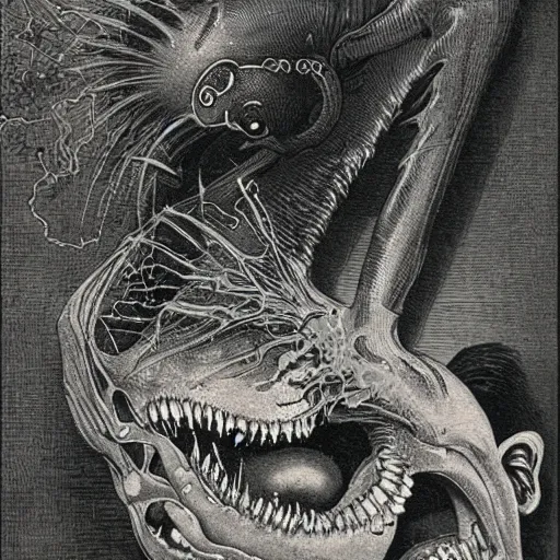 Image similar to vintage 1 9 3 0 s mickey mouse devouring a bloody fish, by ernst haeckel, by zdzislaw beksinski