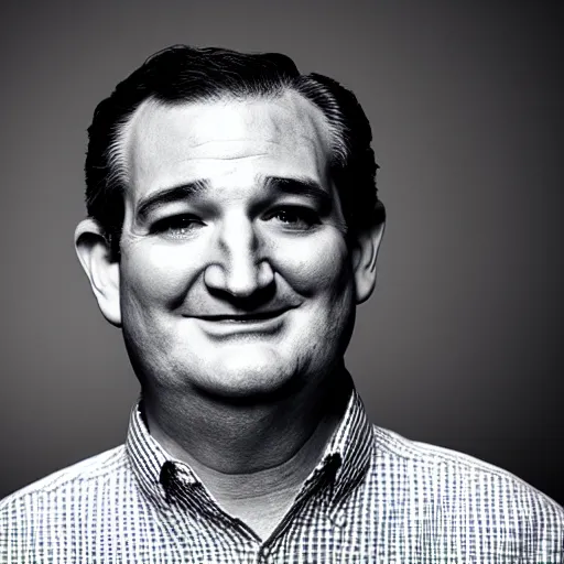 Prompt: Ted Cruz with a wide grin looking up directly at the camera, black and white, creepy lighting, scary, horror, ornate, eerie, fear