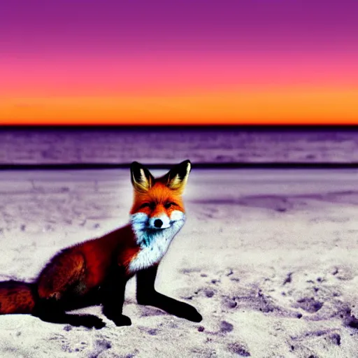 Prompt: fox chilling on the beach, photo, vaporwave