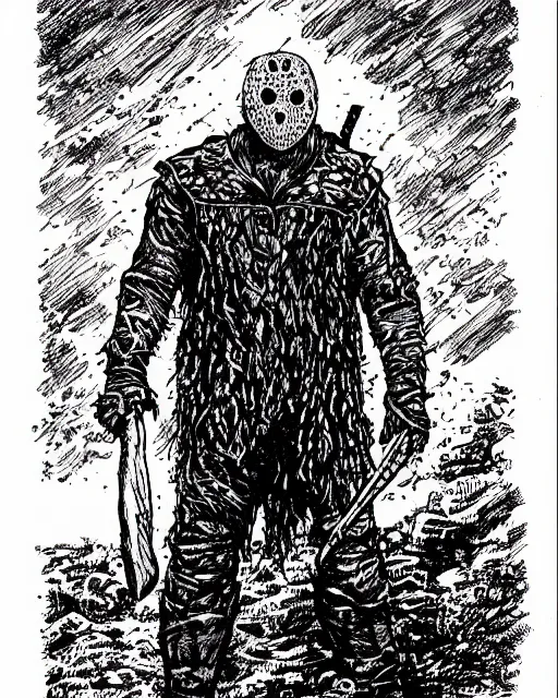 Prompt: Jason Voorhees as a D&D monster, pen-and-ink illustration, etching, by Russ Nicholson, DAvid A Trampier, larry elmore, 1981, HQ scan, intricate details, high contrast