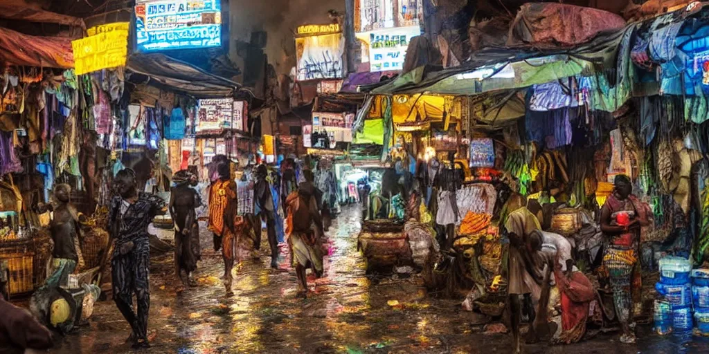 Prompt: a cinematic hyperrealistic African cyberpunk market during a rainy night