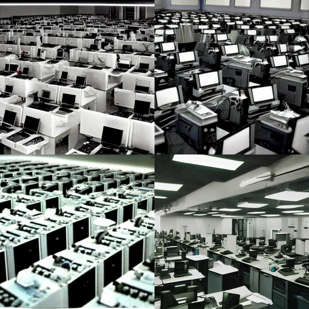 Prompt: a room full of computers, 1998