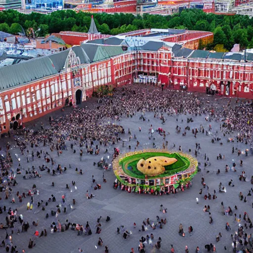 Prompt: drone photo of giant kiwi on red square, super wide shot, 1 2 mm, bokeh