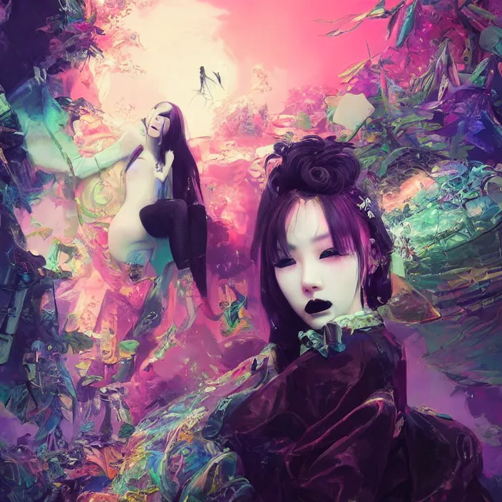 Prompt: beautiful photo of a kpop idol in stylish goth make - up, portrait, cyberpunk, feminine, pastel colors, highly detailed, vibrant painting, volumetric light, petite, digital art, by bruce pennington, by wayne barlowe, by takashi murakami, by john berkey