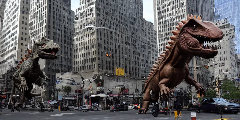 Image similar to Jesus riding on a dinosaur in downtown Manhattan