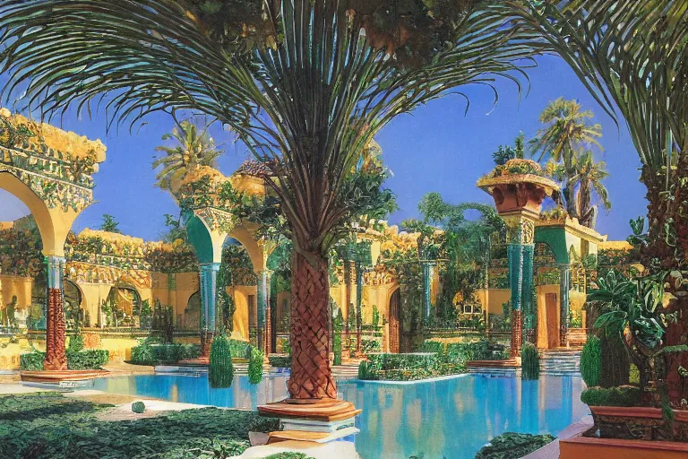 Image similar to painting of a beautiful moorish palace courtyard garden, by arkady rylov and maxfield parrish, patterned tilework, palm trees, tiled fountains, extremely detailed, cinematic lighting, smooth sharp focus