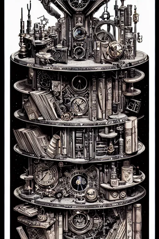 Image similar to a majestic steampunk alchemists bookshelf, two point perspective, furniture, high details, bold line art, by vincent di fate and joe fenton, inking, etching, screen print, masterpiece, trending on artstation, sharp, high contrast, hyper - detailed,, hd, 4 k, 8 k