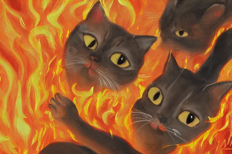 Image similar to a high detail paint of Two cats dancing around flaming earthenware, in simple background, concept art, mad painting