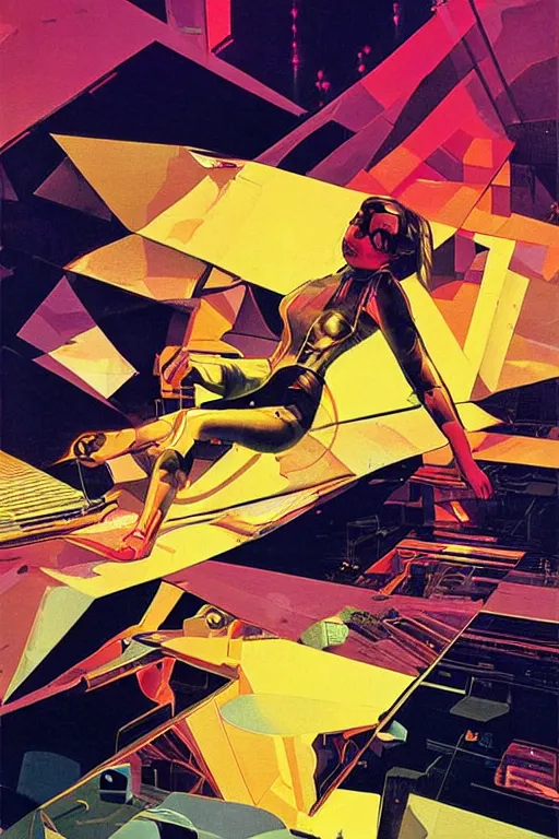 Image similar to wideangle action, girl falling through the flow zone, decoherence, synthwave, glitch!!, fracture, vortex, realistic, hyperdetailed, concept art, golden hour, art by syd mead, cubism