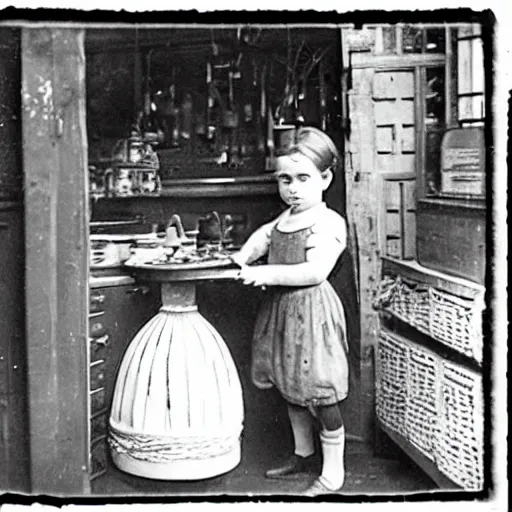 Prompt: victorian child standing in a dill maker's shop