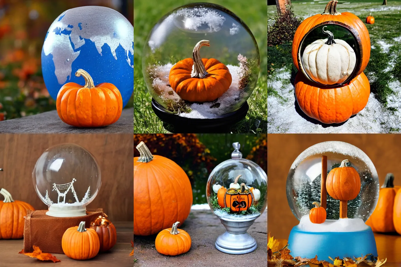 Prompt: a snowglobe with a pumpkin patch inside, the globe is sitting in a fall scene