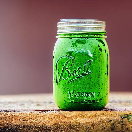 Prompt: close - up shot of a mason jar filled with cloudy green slime, macro lens, depth of field, bokeh