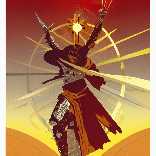 Prompt: an ultra detailed vector image of solaire of astora dressed as the prince of persia, concept art by alphonse mucha and greg rutkowski, bright red desert sands, bright yellow and red sun, octane render, liminal space