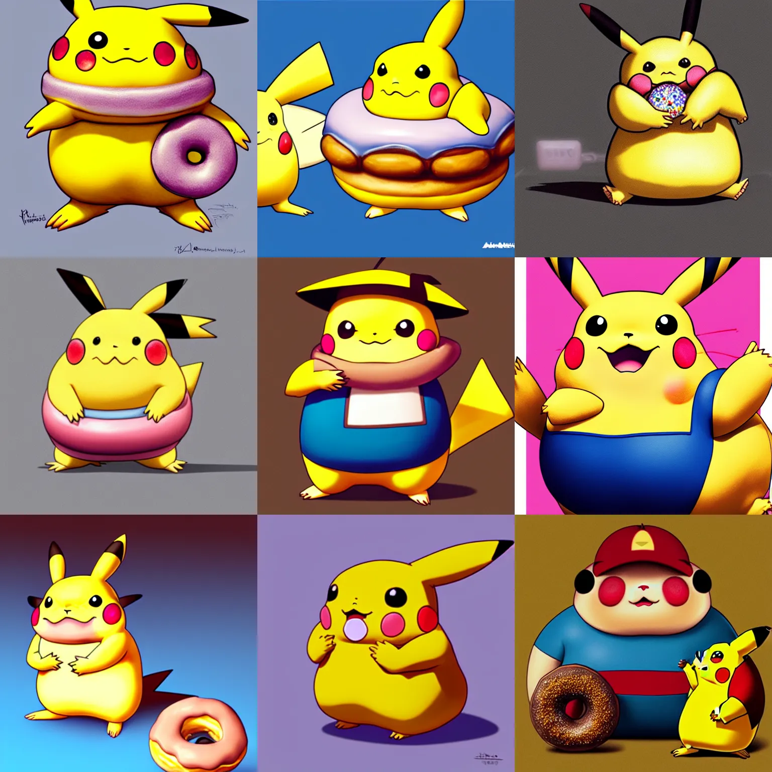 Prompt: overweight pikachu eating a donut, highly detailed, digital art, trending on artstation, art by Fernando Botero